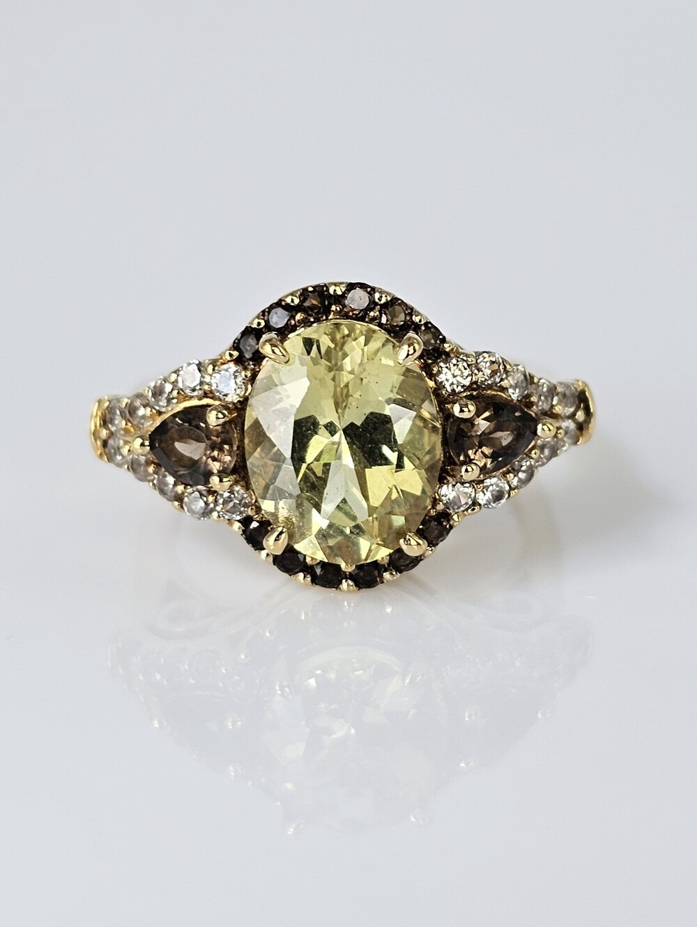 Genuine Tourmaline & Smoky Topaz Ring 18K YG Over Sterling Silver Size 6!
